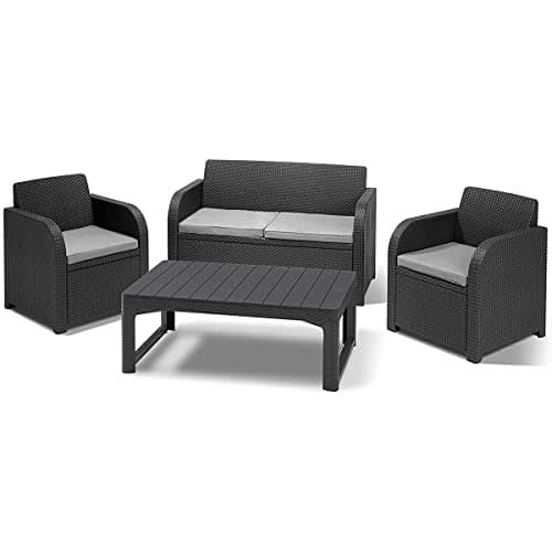 Keter Carolina Lounge Set, Mobili da Giardino con Divano 2 Posti, 2 Poltrone e Tavolino con Altezza Regolabile e Effetto Legno, Grafite