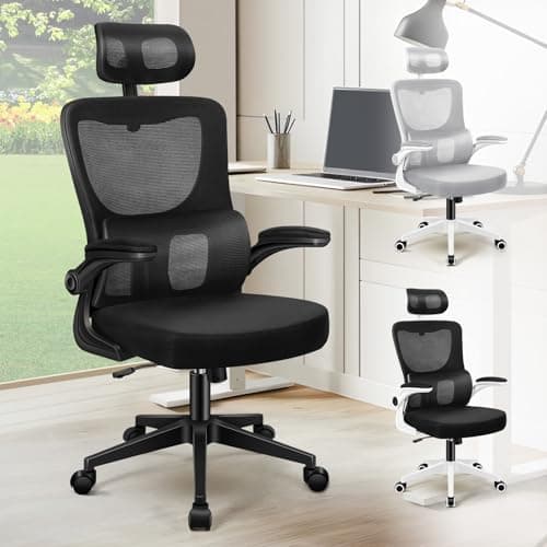 ELFORDSON Ergonomic Office Chair with Adjustable Headrest, High Back Desk Chairs for Home Office, 360° Swivel Mesh Computer Chair with Flip-up Armrests and Lumbar Support, 120° Rocking, Black