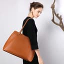 S-ZONE Bolso de Mano de Cuero Para Mujer Con Cremallera, Bolsos de Cuero Genuino Suave, Bolsos de Hombro de Gran Capacidad - 2