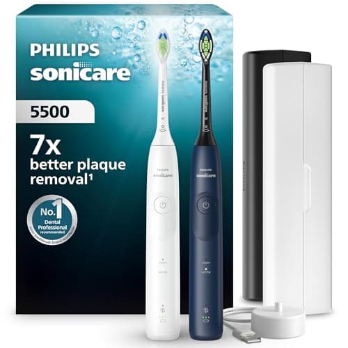 Philips Sonicare 5500 Electric Toothbrush, Sonic Toothbrush with 2 Modes, Pressure Alert, EasyStart, SmarTimer and BrushPacer, White and Navy, 2 Pack, Model HX7119/01 [New Technology]