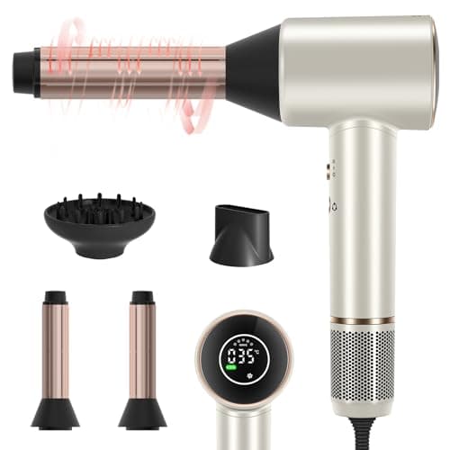 PARWIN PRO BEAUTY Air-Sonic Föhn, HD-LED Anzeige Fön, Haartrockner mit 110,000RPM Bürstenlosem Geräuscharm Motor, 2x 32mm Auto Wrap-Curler, 25M/S Luftstrom für Schnelle Trocknung （Champagne Silver）