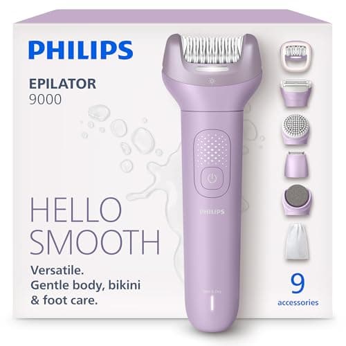 Philips Epilator Series 9000 - Cordless Wet and Dry Electric Epilator, Hair Removal for Legs, Body and Bikini, with ProGuide, 9 Accessories Including Pedicure Head, 60 min. Runtime, Model BRE728/00