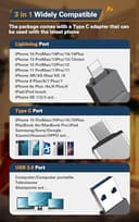 Pendrive 256GB para iPhone [MFi Certificado] Patianco 3 en 1 Memoria Externa USB C Copia de Seguridad,Flash Drive Externa Storage Ptotostick Lightning para iPad Smartphone Tablet Mac PC iOS(Nergo) - 4