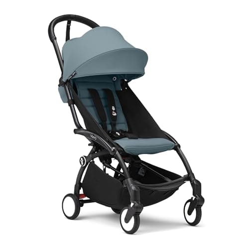 Passeggino Stokke YOYO3 da 6 mesi - Include telaio nero/cuscino seduta Aqua + Capottina - Si ripiega e si apre in un lampo - Leggero e compatto - Compatibile con il bagaglio a mano