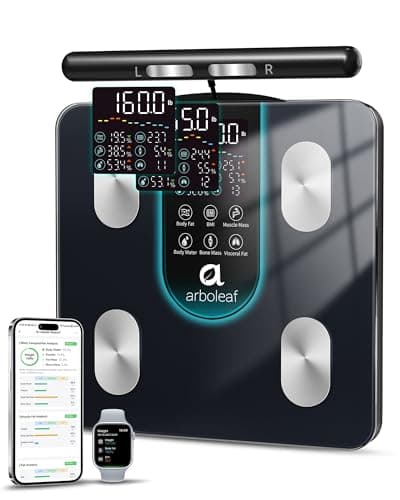 arboleaf Körperfettwaage mit Handsensoren, Waage mit Körperfett und Muskelmasse 50 Körpermaße, Körperanalysewaage mit App & großes Display bis zu 180kg/400lbs (Schwarz)