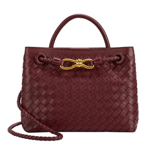 Bolso de mano tejido para mujer, bolso de hombro de cuero, bolso de mano de diseñador con asa superior, Borgoña, Medium