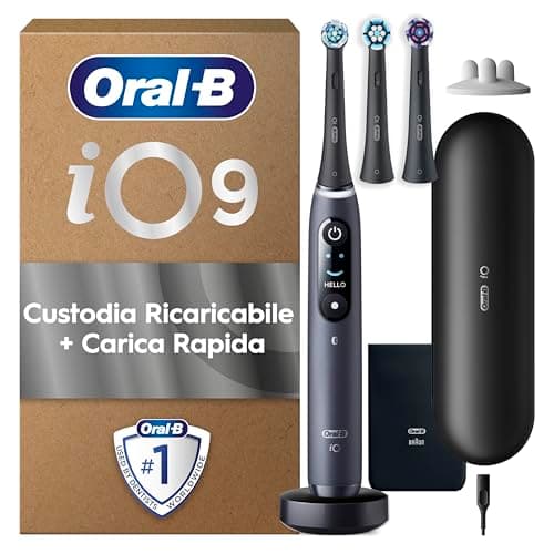 Oral-B Spazzolino Elettrico Ricaricabile iO 9 Nero, 3 Testine Oral B Di Ricambio, Spazzolino Elettrico, Custodia Da Viaggio con caricatore, Pulizia Denti Efficace