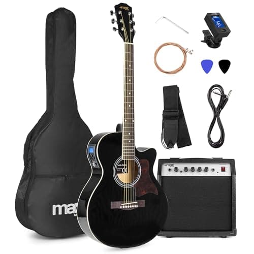 MAX Showkit Guitarra Electroacústica Negra con Amplificador, Funda, Afinador, Correa, 2 Púas y Juego de Cuerdas de Repuesto de Acero – Pack Completo Ideal para Principiantes y Músicos Aficionados