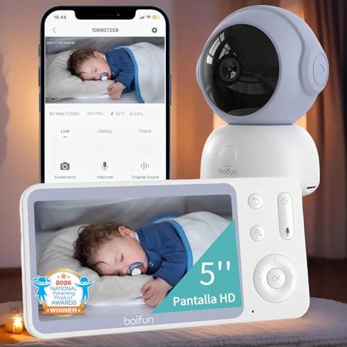 BOIFUN 2026 Cámara Vigilancia Bebé 2K (3MP) con WiFi y App Móvil, Visión Nocturna sin Luz, Vigilabebés con Pantalla de 5”, Cámara 360°, Detección de Movimiento y Llanto, Audio Bidireccional, Zoom 4X