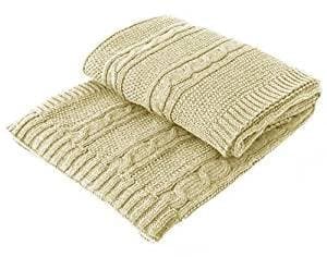 Coperta in lana merino, elegante, lavorata a maglia, fatta a mano, per uomo e bambino, super morbida e calda, dimensioni: 140 x 170 cm, colore: champagne