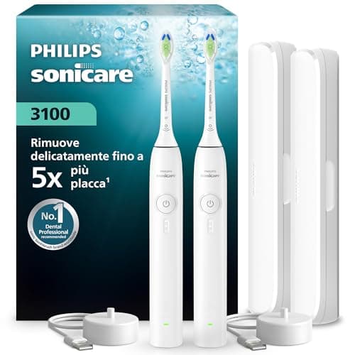 Spazzolino elettrico sonico Philips Sonicare Serie 3100 - Sensore di pressione, 3 intensità, EasyStart, SmarTimer, autonomia 14 giorni, custodia, bianco, confezione da 2, HX4072/41, [Nuovo]