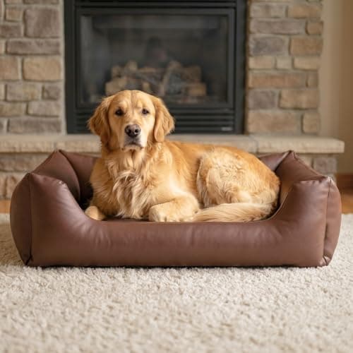 4L Textil Mario Orthopädisches Hundebett aus Kunstleder XL Hundekorb Kunstleder Große Hunde Memory Foam Visco Wasserabweisend Robust Komfortabel(120x90x25 cm, Braun)