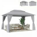 Outsunny 3 x 4 m Outdoor Garden Gazebo with Netting and Curtains, UPF50+ Double Roof Patio Gazebo Permanent Pavilion Canopy Shelter with Metal Frame, Drainage Holes, Dark Grey - 1