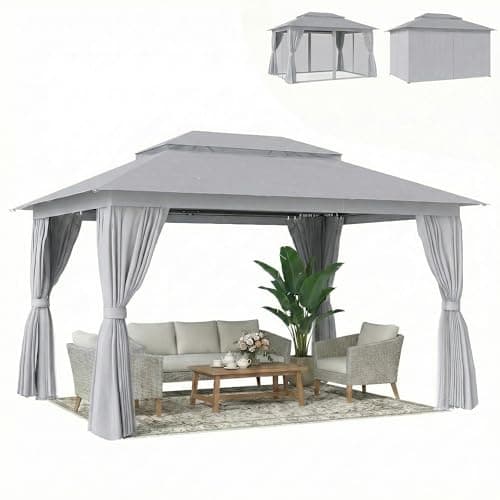 Outsunny 3 x 4 m Outdoor Garden Gazebo with Netting and Curtains, UPF50+ Double Roof Patio Gazebo Permanent Pavilion Canopy Shelter with Metal Frame, Drainage Holes, Dark Grey