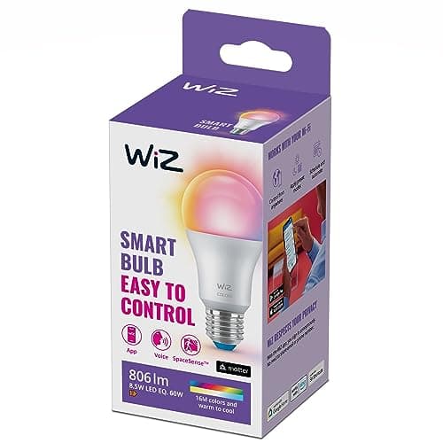 WiZ Smart LED A60 Bulb, White and Full Color, E27 Base, 60W, 806 Lumens, Dimmable, Works with Alexa, Google Assistant, and Apple HomeKit, Pack of 1