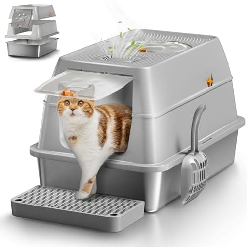 Lettiera per Gatti in Acciaio Inox, Lettiera Gatto Chiusa XXL, Toilette per Gatti Grande XL con Pala, Cassette igieniche per gatti, Doppio Strato Opaco- 60x40x39 cm - Grigio