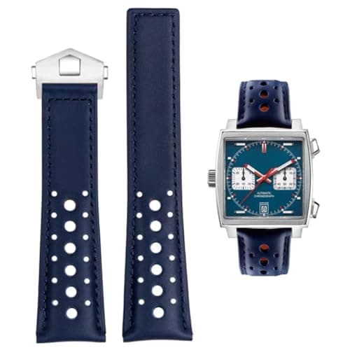 FOUUA 22mm Leder-Uhrenarmband für TAG Heuer Monaco, Carrera, Aquarace - Echtleder blau-schwarz