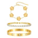 3 Stück Vergoldet Kleeblatt Armband Damen - Kristallen Tennis Armband 6mm Breit Cubic Zirkonia Armreif für Frauen, Wasserfester Tennisarmband mit Edelstahl Armbänder Set Geschenke für Damen, Gold - 1