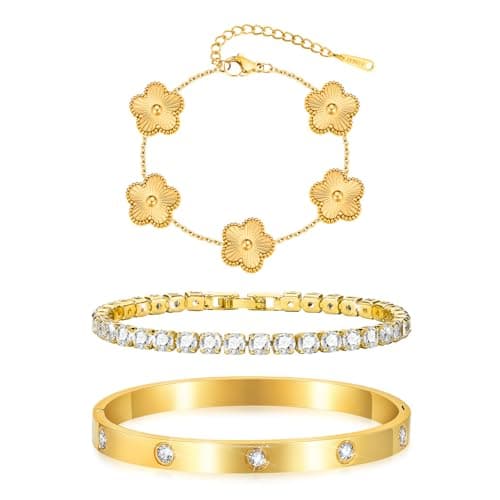 3 Stück Vergoldet Kleeblatt Armband Damen - Kristallen Tennis Armband 6mm Breit Cubic Zirkonia Armreif für Frauen, Wasserfester Tennisarmband mit Edelstahl Armbänder Set Geschenke für Damen, Gold