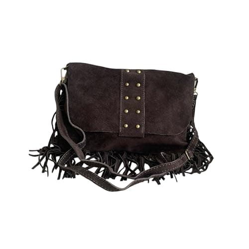 Bolso bandolera con flecos y tachuelas de ante italiano. Correa ajustable e intercambiable. Cierre de cremallera. Interior forrado con bolsillo incorporado. (Marrón chocolate)