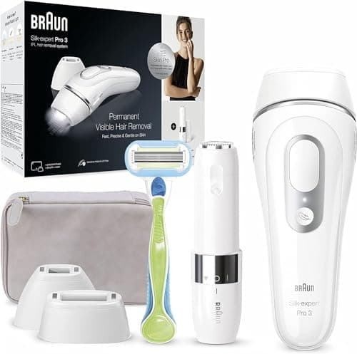 Braun IPL Silk Expert Pro 3 Women's Hair Removal Device, 2 Attachments, Visible Hair Removal, Designed in Germany, Facial Hair Remover, Alternative to Laser Hair Removal, PL3139, White/Silver