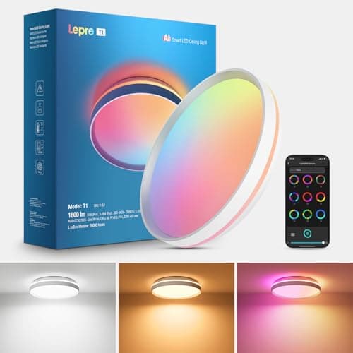 Lepro AI Smart Ceiling Light 24W, 1800LM, RGB & Tunable White, Music Sync, Voice Control, IP44 Waterproof for Bathroom, Bedroom, Living Room, Ø29cm, Works with Alexa & Google Assistant