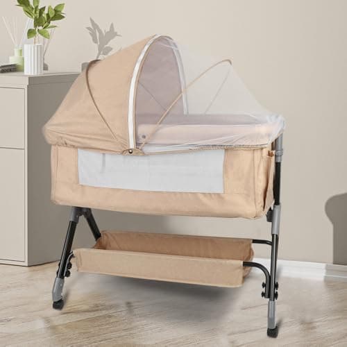 Culla Neonato Pieghevole, fino a 20kg 4 Altezze Regolabili, Culla Co-sleeping con materasso e zanzariera 2 in 1 Lettino Co-sleeping per neonati da 1 a 36 mesi -104*52*100-110 cm-bianco sporco