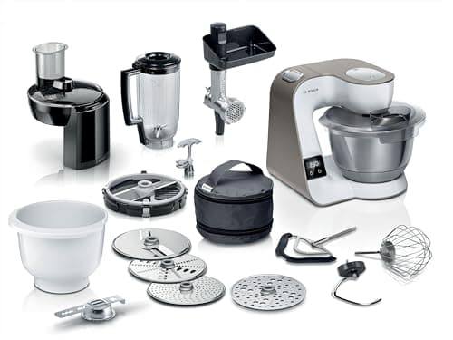 Bosch MUM5XL74 - Robot da cucina serie 4 con bilancia, ciotola in acciaio inox, lavabile in lavastoviglie, frullatore, tritacarne, tritacarne, agitatore planetario, 3 fette, taglierina cubi, 1000 W