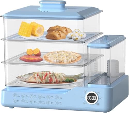 Vaporera de 3 Capas extraíble de 40 L con función de Aislamiento de 12 Horas, 800 W para Verduras, Carnes y Pescado Blue