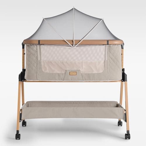 SnooBee Babybett Beistellbett Baby & Co-Sleeper – Höhenverstellbares Babybett mit Matratze, Rollen mit Bremse, atmungsaktive Mesh-Seiten & Moskitonetz, faltbar mit Tragetasche (0–6 Monate)