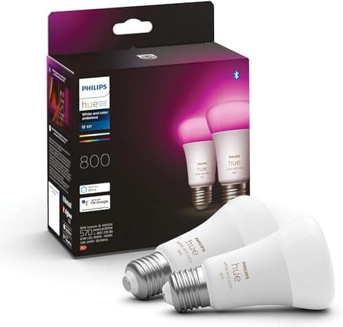 Philips Hue White & Colour Ambiance E27 LED bulb, 806lm, 16 million colours, dimmable, controllable via app and voice, compatible with Amazon Alexa (Echo, Echo Dot), pack of 2, old generation