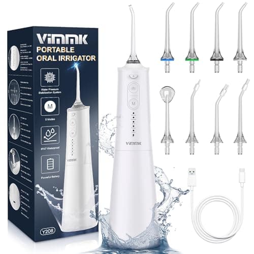 Irrigador Bucal Portatil, Vimmk Irrigador Dental Inalámbrico Profesional 8 Boquillas 5 Modos, IPX7 Impermeable 300ML USB-C Recargable Para Limpieza Dientes, Para el Hogar y los Viajes (Blanco)
