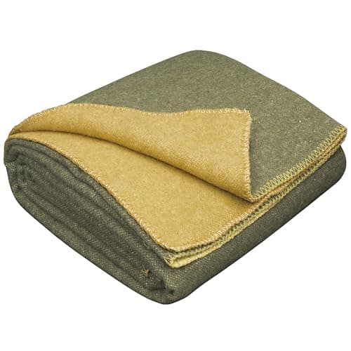 LYHome Manta Lana Merino - Plaid de Lana de Oveja para Viaje Militar Camping, Cubre para Sofa Cama, Mantas Sofas, Cobijas Calientes Invierno Verano (150 x 215 cm, Mostaza - Verde Oliva Doble-Cara)