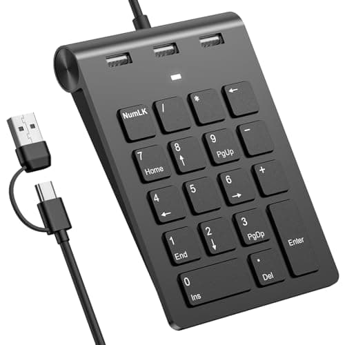 2-in-1 Numpad Wired & USB-Hub mit USB-C & USB-A-Kabeln, Ergonomischer 15° Nummernblock mit 3 USB 2.0 Hub, 18-Tasten Ziffernblock für macbook/Laptop/iPad/PC/Windows/MacOS, Schwarzer USB-C Ziffernblock