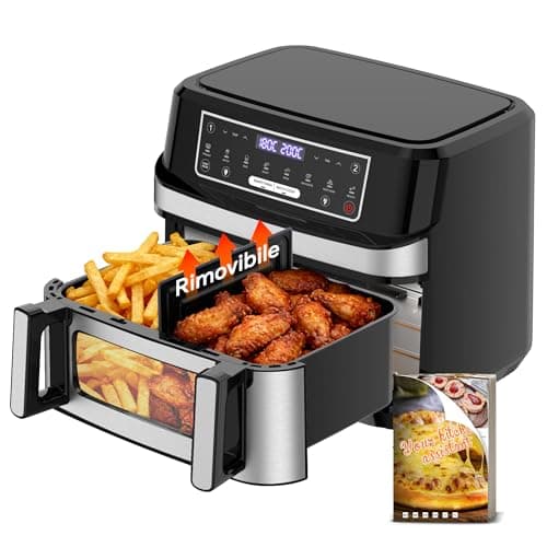 Freidora Aire 12 Litros | Freidora de Aire XXL Flexible Ajuste 1 Zona o 2 Zona, 2600W Doble Resistencia Control Independiente con Ventana y Luz, Air Fryer Grande 8-en-1 Controles táctiles Rezeptbuch