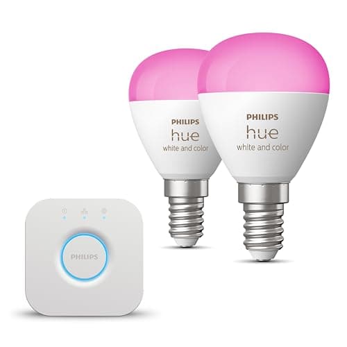 Philips Hue Starterpaket - E14 - mit 2 Kugel LED Lampen - Weißes und Farbiges Licht - inkl. 1 Hue Bridge - Hue White and Color Ambiance