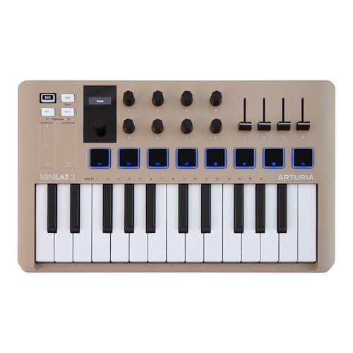 Arturia MiniLab 3 Champagne — 25 Key USB MIDI Keyboard Controller With 8 Multi-Color Drum Pads, 8 Knobs and Music Production Software Included