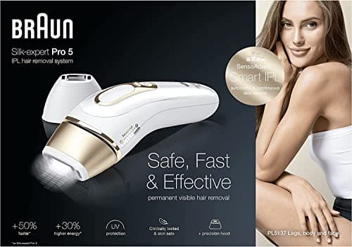 Braun IPL Silk-Expert Pro 5, depilación casera con funda, cabezal de precisión y maquinilla de afeitar Venus, alternativa a la depilación láser, regalo para mujer, blanco/dorado, PL5137