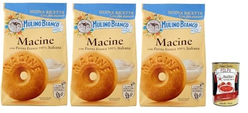 Mulino Bianco Biscotti Frollini Macine con Panna Fresca, Kekse mit frischen 100% italienischen Milch, Ohne Palmöl, Frühstück voller Geschmack, buscits cookies 3x 350 g + Italian Gourmet polpa 400 g