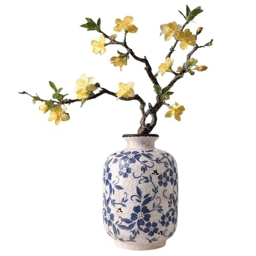 Jarrones Chinos Porcelana Blanco y Azul, Jarrones Decorativos Pequeños de Cerámica, Jarrón Flores Vintage Hecho a Mano con Grieta Esmalte para Decoración del Hogar, Oficina 12.5 x 18.5 cm (S)