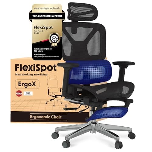 FLEXISPOT Ergonomischer Bürostuhl Schreibtischstuhl mit Fußstütze, 3D-Armlehnen, 3D-Kopfstütze, 5D-Rückenlehne, Atmungsaktiver Sitz Belastbar bis 136 kg Arbeitsstuhl, ErgoX, Schwarz