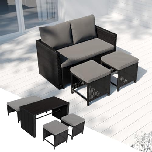 Juskys Set mobili da giardino 2in1 in polyrattan Jamaika - tavolo, divano lounge da giardino - set salotto da balcone per balcone, giardino - lounge da esterno nero grigio