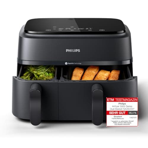 Philips Airfryer Dual Basket 3000 Series, 9L, 2 Baskets, 2 Dishes Ready at the Same Time, RapidAir Plus Hot Air Technology, 90% Less Fat, Energy Efficient, HomeID Recipe App (NA350/00)
