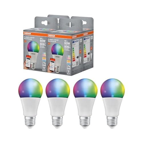 OSRAM SMART+ RGBW, E27 LED lamp with Matter Over WiFi, Specially Designed for Alexa, 60W Replacement, Warm White to Cool White (2700-6500K), 16 Million RGB Colors, 4-Pack (not usable with SMART+ App)