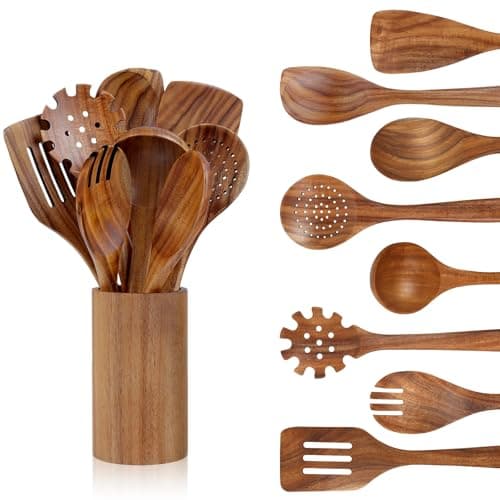 comfoyar Set de Utensilios de Cocina de Madera de Teca, 9 Piezas Cucharas de Madera para Cocinar con Espátulas y Soporte, Resistencia al Calor Accesorios de Cocina para Ollas Antiadherentes