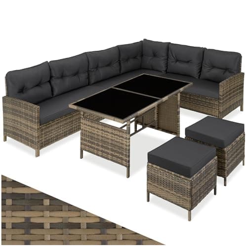 tectake® Conjunto Jardín de Ratán Mesa y Cojines, Conjunto Terraza Resistente a la Intemperie, Muebles Jardín Exterior 5 Piezas, Sofá de Esquina, 2 Taburetes y 1 Mesa - Natural