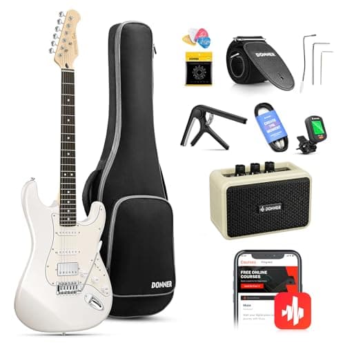 Donner Guitarra Electrica, Pack Guitarra Electrica de Tamaño Completo HSS Pickup Coil Split, Kit Guitarras Electricas Amplificador, Accesorios, DST-152W White