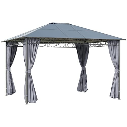 Outsunny Gazebo da Giardino 3.6x3m con Tetto in Policarbonato Anti UV, Struttura in Acciaio e Alluminio e Tende, Grigio