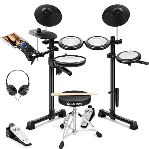 CAHAYA Batería Electrónica con Pads de Malla: Dual Trigger y 350 Sonidos – E-Drum Kit con Caja de 8", Kit Completo con Banqueta, Auriculares y Baquetas – Ideal para Niños y Principiantes