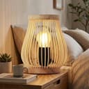 BARCELONA LED Lampada da Tavolo in Legno Naturale con Paralume in Bambù e Rattan, Base in Legno Massello, Stile Vintage e Moderno, Luce Calda E27, Design Japandi Minimalista per Camera e Soggiorno - 2